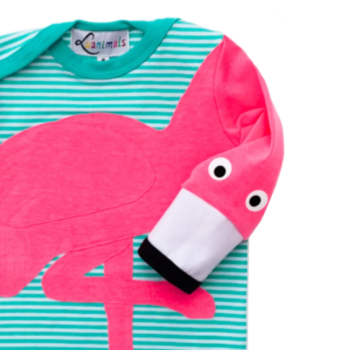 Baby-Body mit Flamingo – langarm, türkis-gestreift