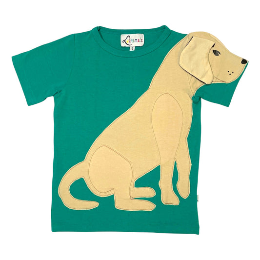 T-Shirt mit Hund aus Baumwoll-Jersey - Farbe türkis creme beige