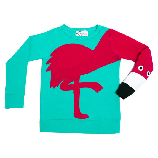 Pullover mit Flamingo aus Baumwoll-Jersey - Farbe türkis