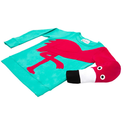 Pullover mit Flamingo aus Baumwoll-Jersey - Farbe türkis