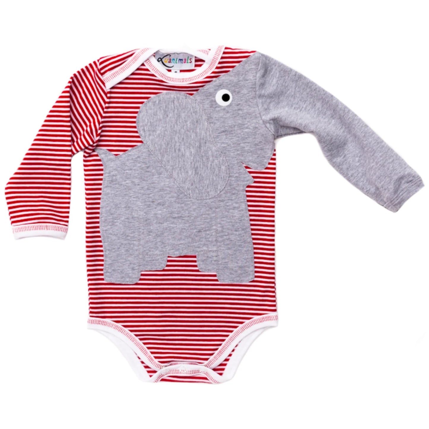 Baby Body mit Elefant – langarm, gestreift/rot
