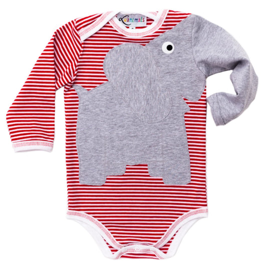 Baby Body mit Elefant – langarm, gestreift/rot