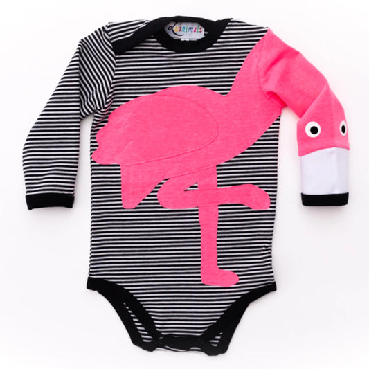 Baby-Body mit Flamingo – langarm, schwarz-gestreift