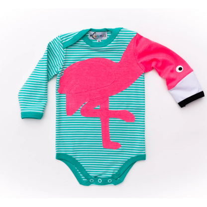 Baby-Body mit Flamingo – langarm, türkis-gestreift