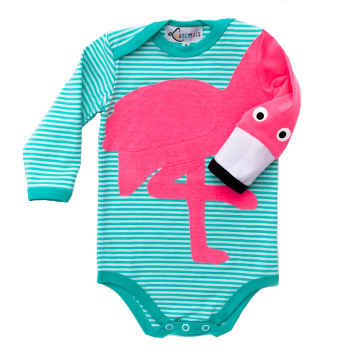 Baby-Body mit Flamingo – langarm, türkis-gestreift