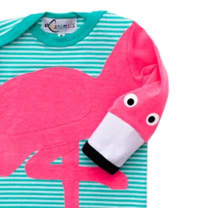 Baby-Body mit Flamingo – langarm, türkis-gestreift