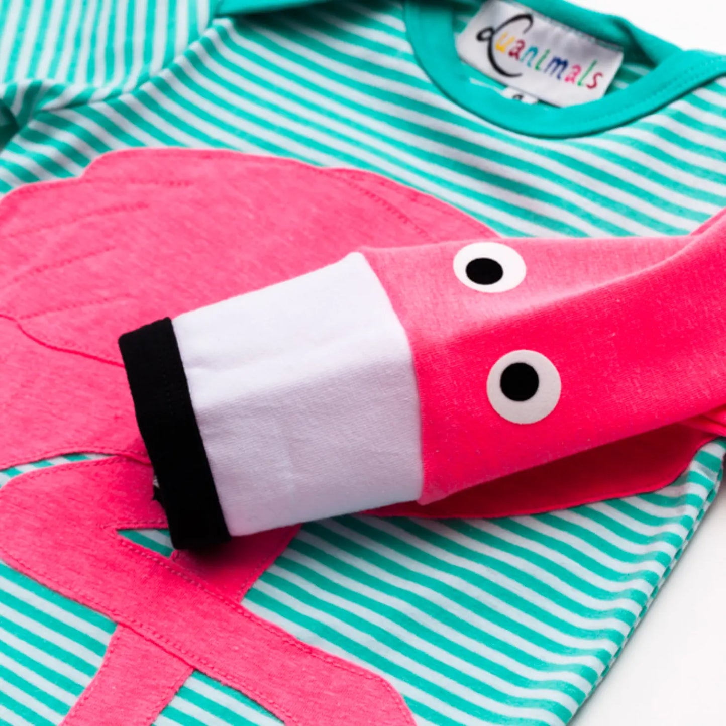 Baby-Body mit Flamingo – langarm, türkis-gestreift