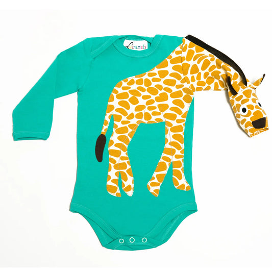 Baby-Body mit Giraffe – langarm, türkis